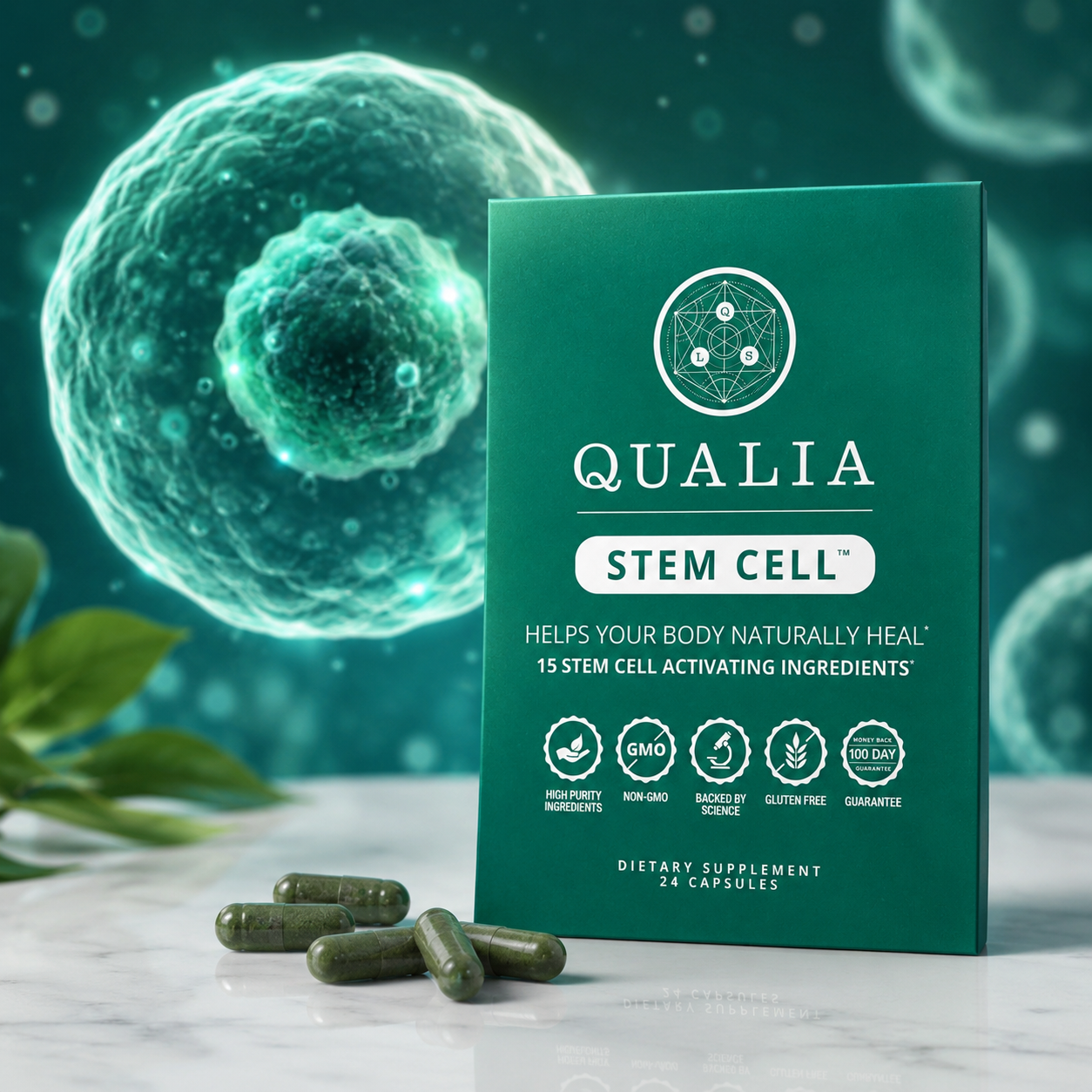 Qualia Stem Cell supplement with green capsules and glowing cell background.